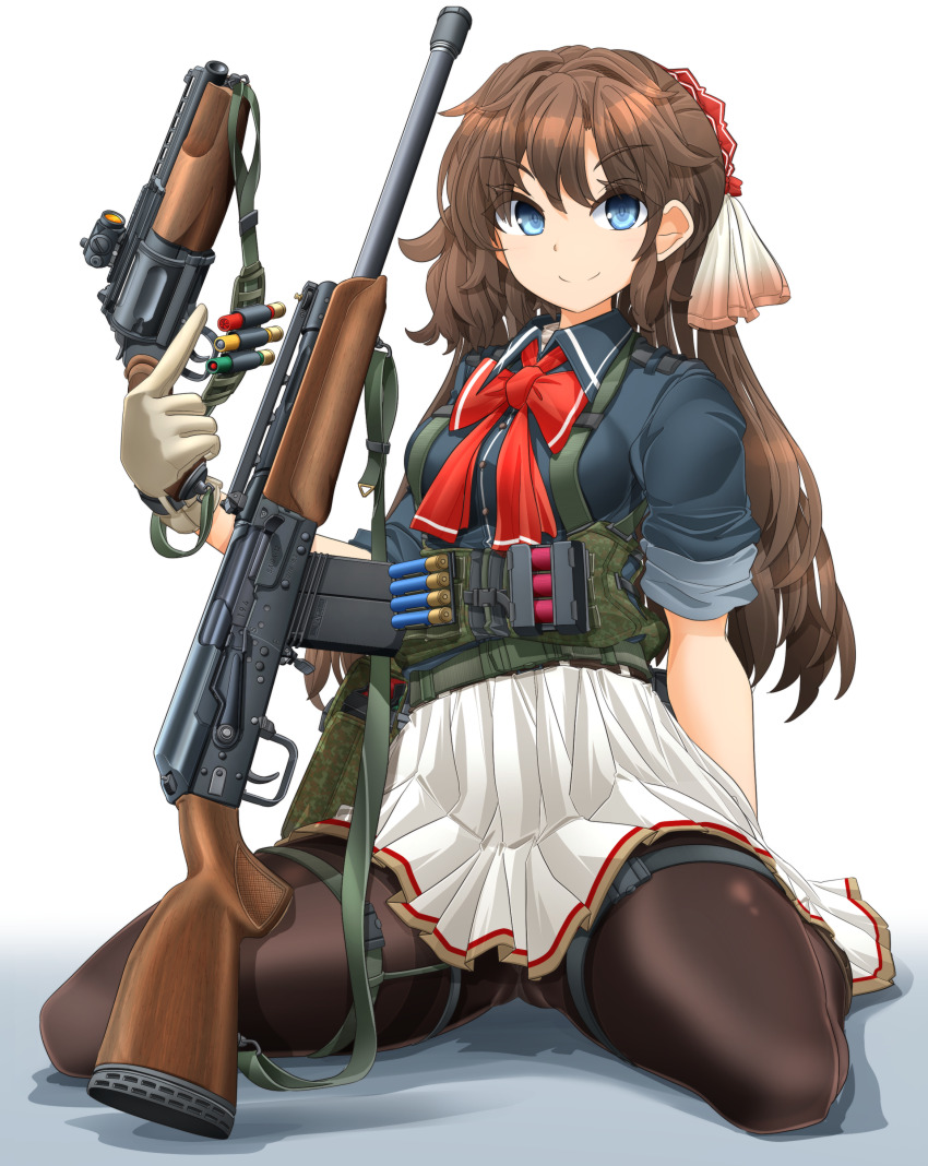 1girl absurdres ammunition arm_behind_back automatic_shotgun black_pantyhose blue_eyes blue_shirt bow brown_hair closed_mouth commentary_request crown cylinder cylinder_(weapon) dress_shirt gloves gluteal_fold gradient_background gun hair_ribbon handgun harness highres holding holding_gun holding_weapon kalashnikov long_hair looking_at_viewer mikeran_(mikelan) mini_crown mts255 original pantyhose pleated_skirt rail_(weapon) red_bow revolver revolver_shotgun ribbon rifle saiga-12 school_uniform scope shadow shirt short_sleeves shotgun shotgun_shell shotgun_slug sitting skirt sleeves_rolled_up smile solo thigh_strap thighs trigger_discipline wariza weapon white_background white_gloves white_ribbon white_skirt wing_collar