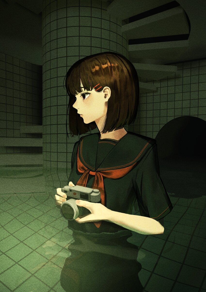1girl absurdres black_eyes black_sailor_collar black_serafuku black_shirt brown_hair camera dream_pool from_side hair_behind_ear hair_ornament hairclip highres holding holding_camera liminal_space miyaji_illust neckerchief original partially_submerged profile red_neckerchief reflection reflective_liquid refraction sailor_collar school_uniform serafuku shirt short_sleeves skirt solo stairs tile_wall tiles water