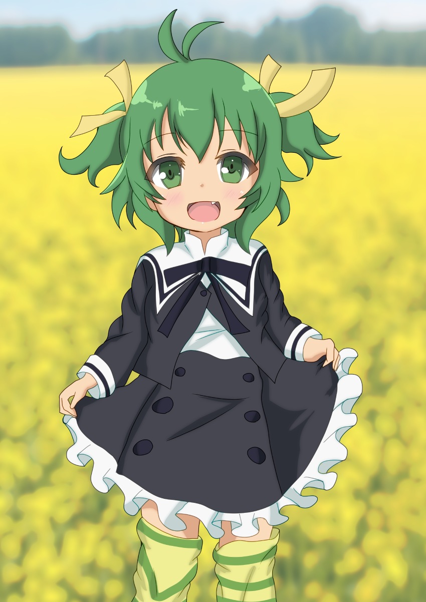 absurdres age_regression aged_down assault_lily child double_bun ebisu_nobu green_eyes green_hair hair_bun highres looking_at_viewer open_mouth school_uniform short_hair smile thighhighs yoshimura_thi_mai yurigaoka_girls_academy_school_uniform