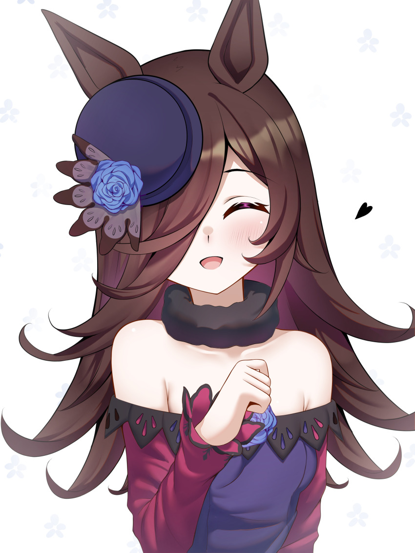1girl absurdres animal_ears armpit_crease blue_hat blush bowler_hat breasts brown_hair closed_eyes commentary dress english_commentary floral_background flower hair_over_one_eye hat hat_flower heart highres horse_ears horse_girl knosdeba long_hair off-shoulder_dress off_shoulder open_mouth rice_shower_(rosy_dreams)_(umamusume) rice_shower_(umamusume) small_breasts smile solo strapless strapless_dress tilted_headwear umamusume upper_body variant_set white_background