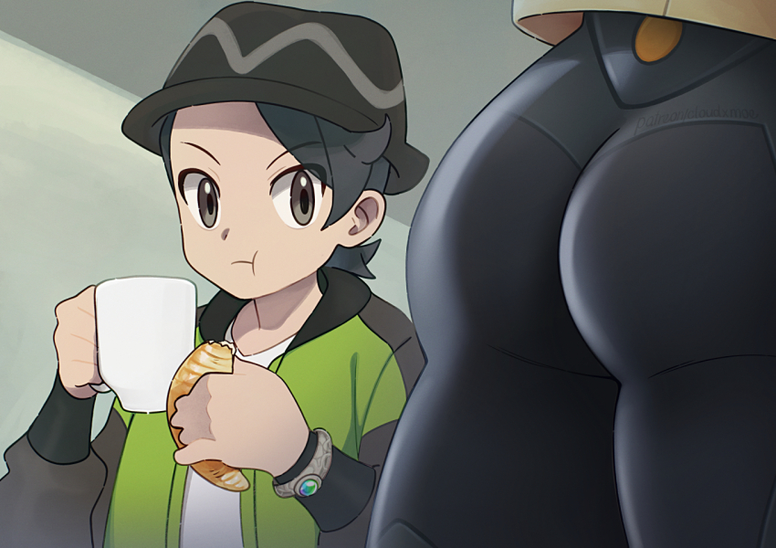1boy 1girl :t accidental_pervert ass ass_focus black_bodysuit black_hair black_hat bodysuit cloudxmoe croissant cup eating emma_(pokemon) food green_jacket grey_eyes hat head_out_of_frame hetero holding holding_cup holding_food huge_ass jacket looking_at_another looking_at_ass lower_body nintendo paxton_(pokemon) pokemon pokemon_legends:_z-a scene_reference shiny_clothes wide_hips