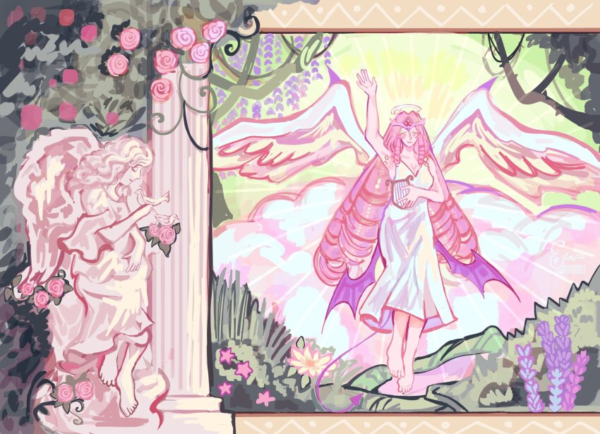 1girl angel angel_wings breasts colored_skin cookie_run cookie_run:_kingdom demon_girl demon_wings dress eternal_sugar_cookie flower highres long_hair medium_breasts pillar pink_flower pink_hair pink_rose pink_skin rose solo spoonspoon statue very_long_hair white_dress wings