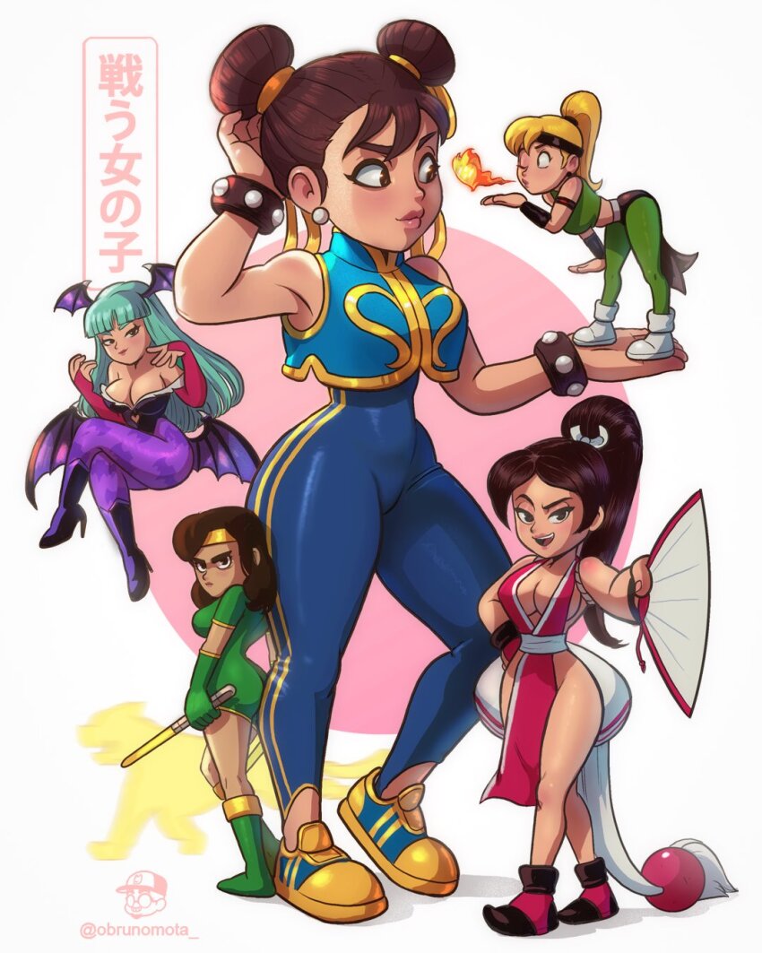 5girls ass bat_wings black_hair black_orchid blonde_hair blowing_kiss bodysuit breasts brown_hair bruno_mota capcom chun-li cleavage crossover fatal_fury fire green_hair hair_bun hand_fan highres killer_instinct large_breasts leotard long_hair minimized morrigan_aensland mortal_kombat_(series) multiple_girls ninja one_eye_closed shiranui_mai sonya_blade street_fighter the_king_of_fighters translation_request darkstalkers wings wink