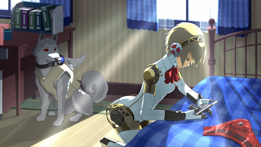 1girl absurdres aigis_(persona) android animal armband bed blonde_hair blue_eyes book bow clothed_animal dog evoker fake_wings highres joints kneeling koromaru_(persona) lateeen_239 looking_down persona persona_3 robot_ears robot_girl robot_joints s.e.e.s sunlight table tank_top unworn_armband window wings