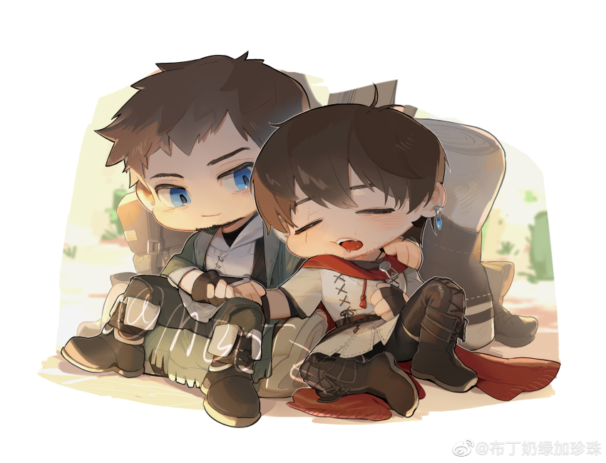 2boys absurdres adventurer_(ff14) ardbert_hylfyst bara blue_eyes blush brown_hair cheek_bulge chibi chinese_commentary couple earrings facial_hair final_fantasy final_fantasy_xiv full_body goatee hair_between_eyes hand_on_another&#039;s_shoulder highres holding_hands hyur jewelry leaning_on_person leather looking_at_another male_focus mature_male mbdtz multiple_boys sample_watermark scar scar_across_eye scar_on_face shoes short_hair sleeping sleeping_on_person sleeping_upright stubble thick_eyebrows warrior_of_light_(ff14) watermark weibo_watermark yaoi