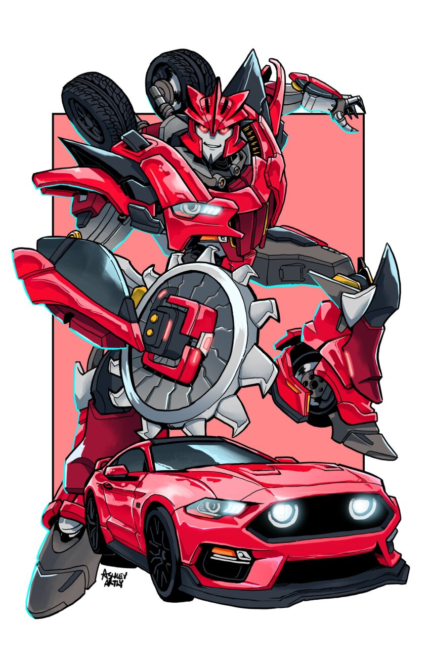 artist_name ashley_artly border car circular_saw commentary commission decepticon english_commentary ford ford_mustang ford_mustang_s550 highres knockout_(transformers) looking_at_viewer mecha motor_vehicle muscle_car open_hand outside_border parted_lips red_background red_eyes redesign robot saw smile solo spoiler_(automobile) transformers transformers_prime wheel white_border