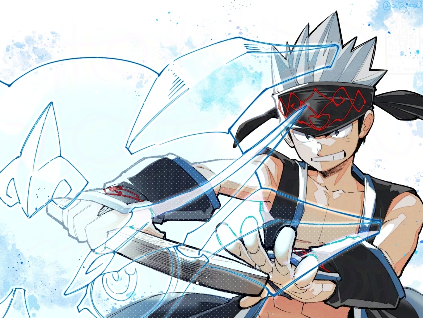1boy abs black_coat black_headband blue_eyes blue_hair coat headband highres ice male_focus muscular muscular_male no_shirt shaman_king sleeveless sleeveless_coat solo takeuchi_(a3) upper_body usui_horokeu