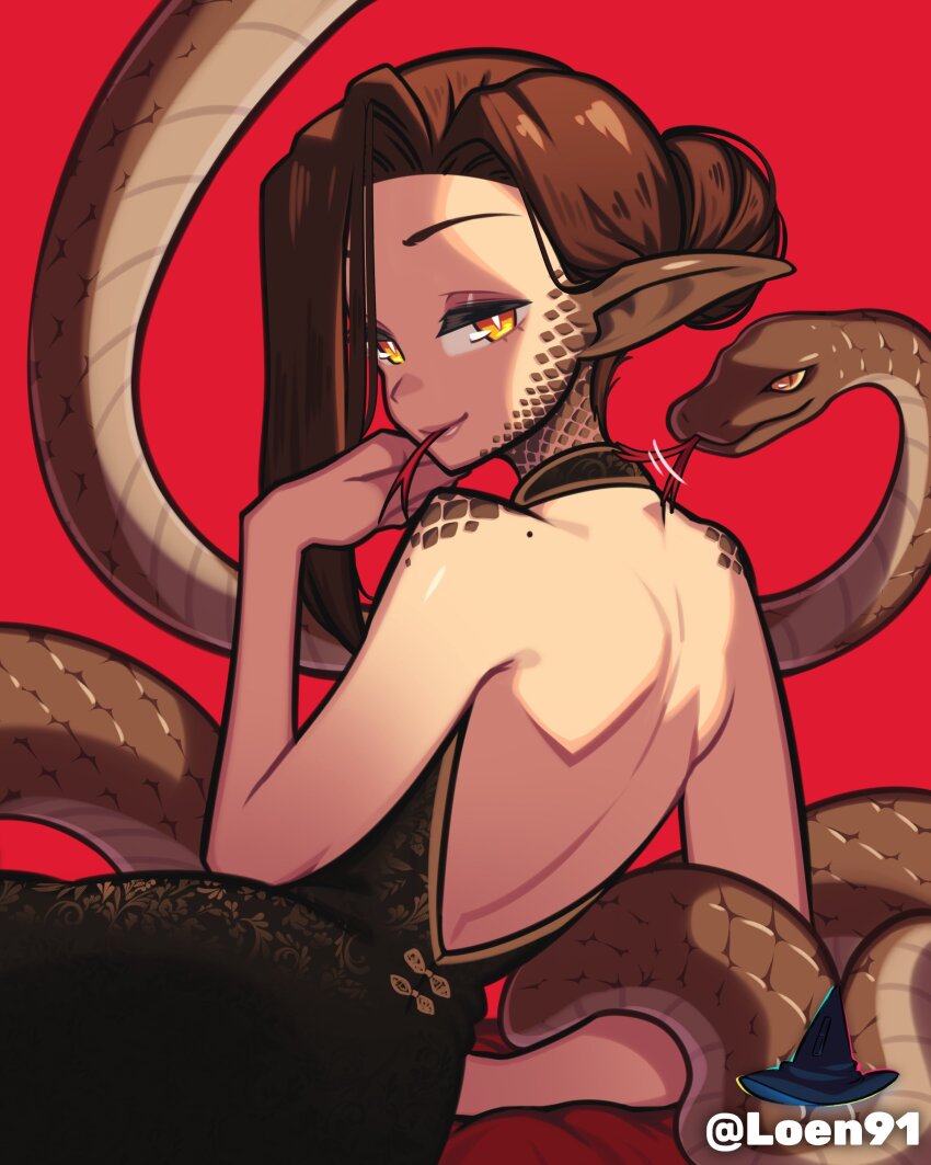 1girl absurdres back backless_dress backless_outfit brown_hair commentary dress english_commentary forked_tongue from_behind hair_bun hair_over_one_eye halterneck highres loen looking_at_viewer orange_eyes original pointy_ears red_background scales shoulder_blades single_hair_bun sitting slit_pupils snake solo tongue twitter_username watermark yokozuwari