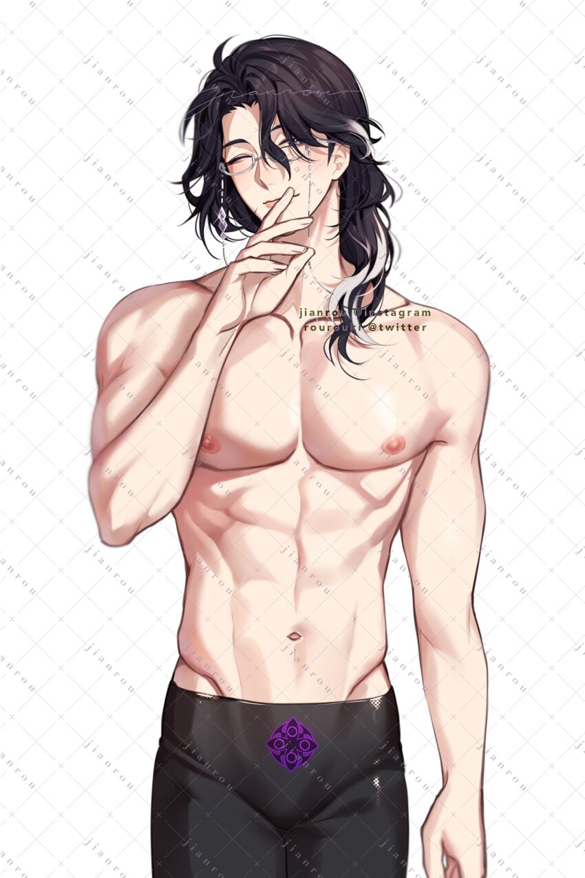 1boy abs black_hair black_male_swimwear black_swim_trunks eyewear_strap genshin_impact glasses hair_between_eyes highres long_hair male_focus male_swimwear multicolored_hair muscular muscular_male navel nipples one_eye_closed pantalone_(genshin_impact) purple_eyes rourouki smile solo swim_trunks swimsuit topless_male white_hair