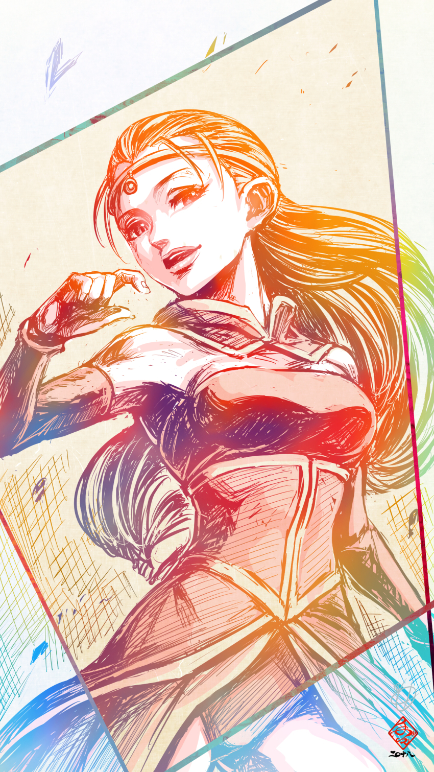 1girl absurdres breasts caway circlet commentary_request detached_sleeves dragon_ball dragon_ball_super dress floating_hair hatching_(texture) highres jewelry kanchiyo leotard long_hair looking_at_viewer medium_breasts open_mouth pantyhose signature sketch solo strapless strapless_dress strapless_leotard