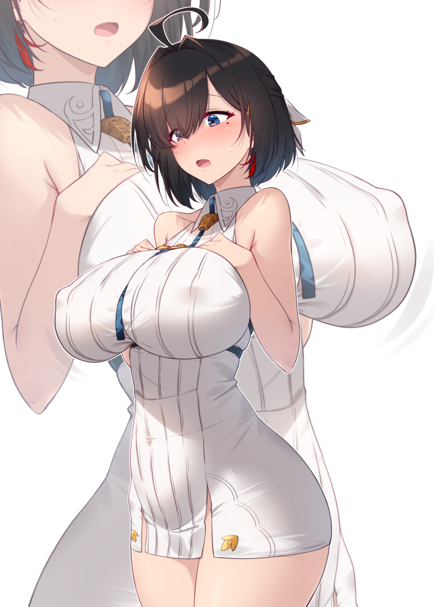 1girl absurdres ahoge atelier_(series) atelier_yumia black_hair blush breasts chest_belt covered_erect_nipples covered_navel dress hair_between_eyes highres kuzuryuu_kennosuke large_breasts mole mole_under_eye multicolored_hair pencil_dress purple_eyes red_hair red_streaks shiny_skin short_hair solo standing two-tone_hair white_background white_dress yumia_liessfeldt zoom_layer