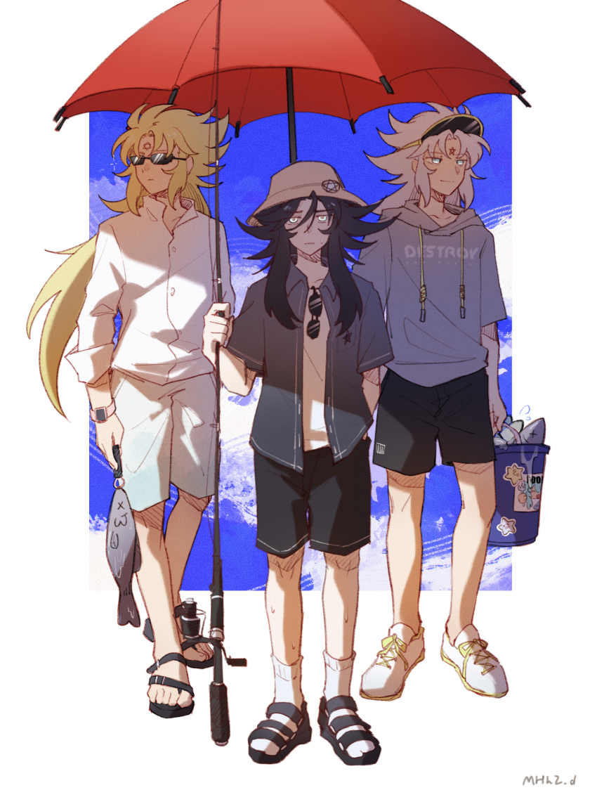 3boys absurdres alternate_costume animal beachwear black_hair black_shirt black_shorts blonde_hair blue_eyes blue_sky brothers bucket bucket_hat casual cloud collared_shirt expressionless eyewear_hang facial_mark fish fishing_rod forehead_mark hades_(saint_seiya) half-closed_eyes hat hexagram highres holding holding_animal holding_bucket holding_fish holding_fishing_rod hood hoodie hypnos_(saint_seiya) light_frown light_smile long_hair long_sleeves multiple_boys parasol saint_seiya sandals shirt short_sleeves shorts siblings sky snowflake_(diodarja) socks spiked_hair star_(symbol) star_facial_mark sunglasses thanatos_(saint_seiya) twins umbrella unworn_eyewear visor_cap watch white_hair white_shirt white_shorts white_socks wristwatch