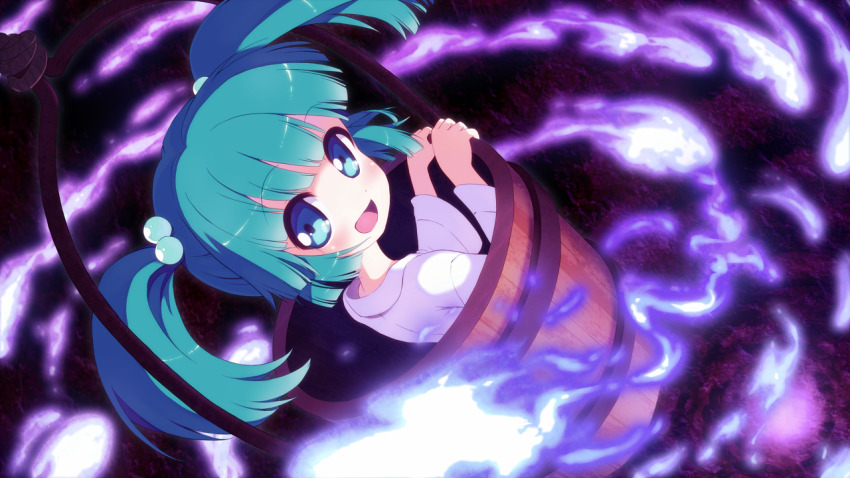 1girl blush bucket commentary_request green_eyes green_hair hair_bobbles hair_ornament in_bucket in_container japanese_clothes kimono kisume long_sleeves looking_at_viewer open_mouth smile solo tamanaga_haru touhou touhou_unreal_mahjong twintails white_kimono wide_sleeves wooden_bucket