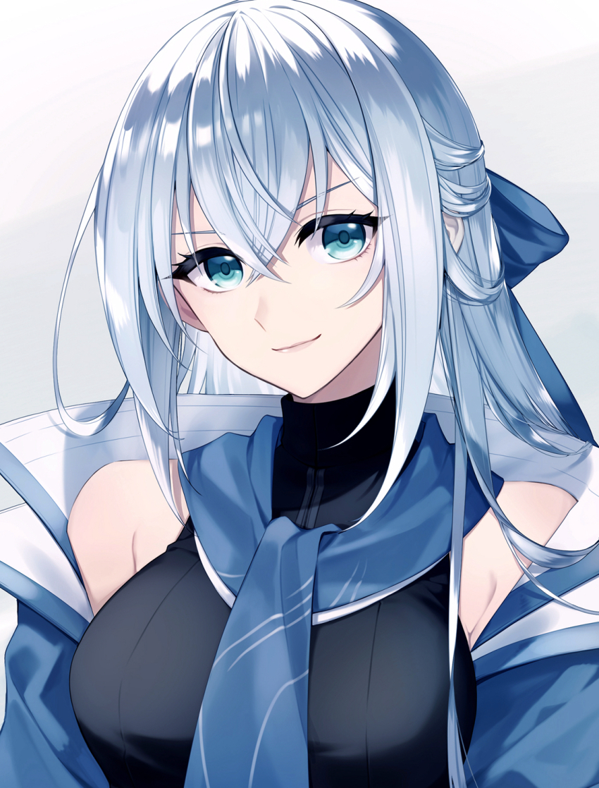 1girl bare_shoulders blue_eyes blue_necktie breasts coat crossed_bangs double-parted_bangs eiyuu_densetsu gradient_background grey_background hair_between_eyes half_updo highres kuro_no_kiseki kuro_no_kiseki_(series) kuro_no_kiseki_ii long_hair looking_at_viewer loose_necktie medium_breasts mulberry804 necktie open_clothes open_coat portrait shizuna_rem_misurugi sidelocks simple_background smile solo white_hair