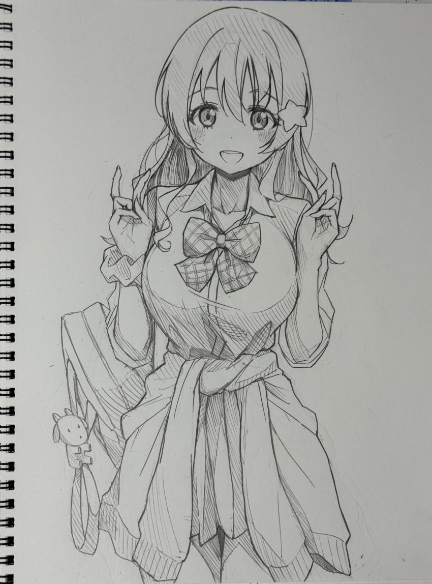 1girl :d animal_charm bag bent_v bow bowtie breasts cardigan cardigan_around_waist charm_(object) clothes_around_waist collarbone collared_shirt commentary_request cowboy_shot double_v emma_verde graphite_(medium) greyscale gyaru gyarugasaki hair_ornament hatching_(texture) highres honochikacchi kogal large_breasts linear_hatching long_hair looking_at_viewer love_live! love_live!_nijigasaki_high_school_idol_club miniskirt monochrome official_alternate_costume open_mouth pen_(medium) plaid_bow plaid_bowtie plaid_clothes pleated_skirt school_bag school_uniform shirt simple_background skirt smile solo standing star_(symbol) star_hair_ornament teeth three-quarter_sleeves traditional_media upper_teeth_only v white_background