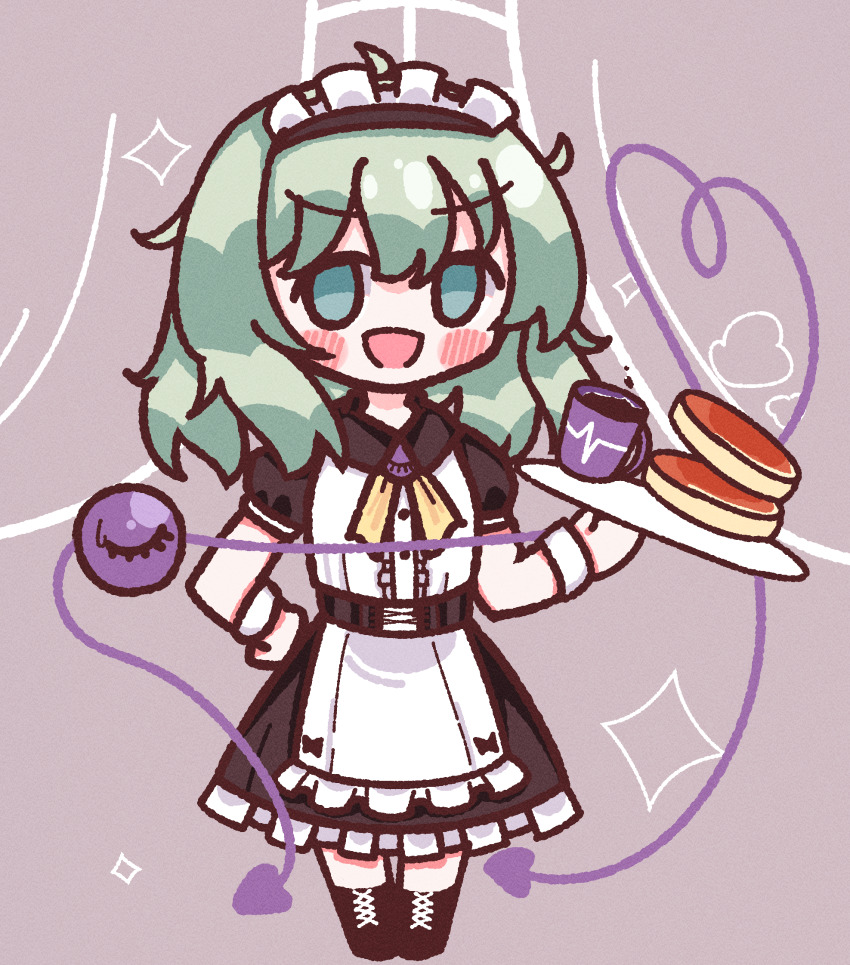 1girl :d apron black_dress blush blush_stickers cup dress food frilled_apron frills green_eyes green_hair heart heart_of_string highres komeiji_koishi light_green_hair maid_apron maid_headdress medium_hair mug open_mouth pancake pancake_stack plate puffy_short_sleeves puffy_sleeves ribbon short_sleeves simple_background smile solo sparkle standing third_eye touhou waroemon white_apron yellow_ribbon