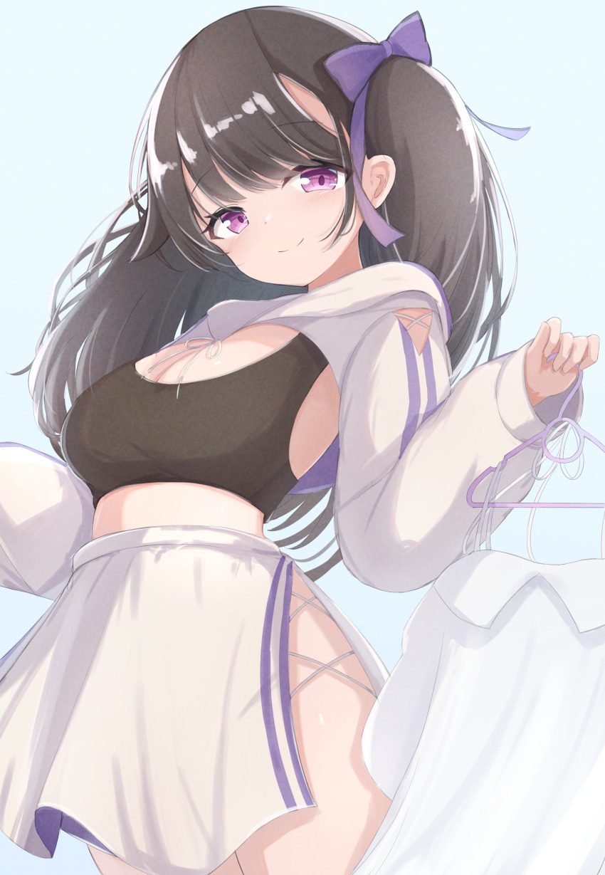 1girl absurdres azur_lane black_hair blush bow breasts brown_hair carrying_clothes cleavage crop_top cropped_jacket cross-laced_clothes cross-laced_skirt from_below hair_bow hands_up highres hip_focus hood hooded_jacket jacket legs_together long_hair looking_at_viewer looking_down mashiro281 medium_breasts midriff miniskirt pamiat_merkuria_(azur_lane) pamiat_merkuria_(pick_and_choose!)_(azur_lane) purple_bow purple_eyes side_ponytail skirt smile solo thighs very_long_hair white_skirt