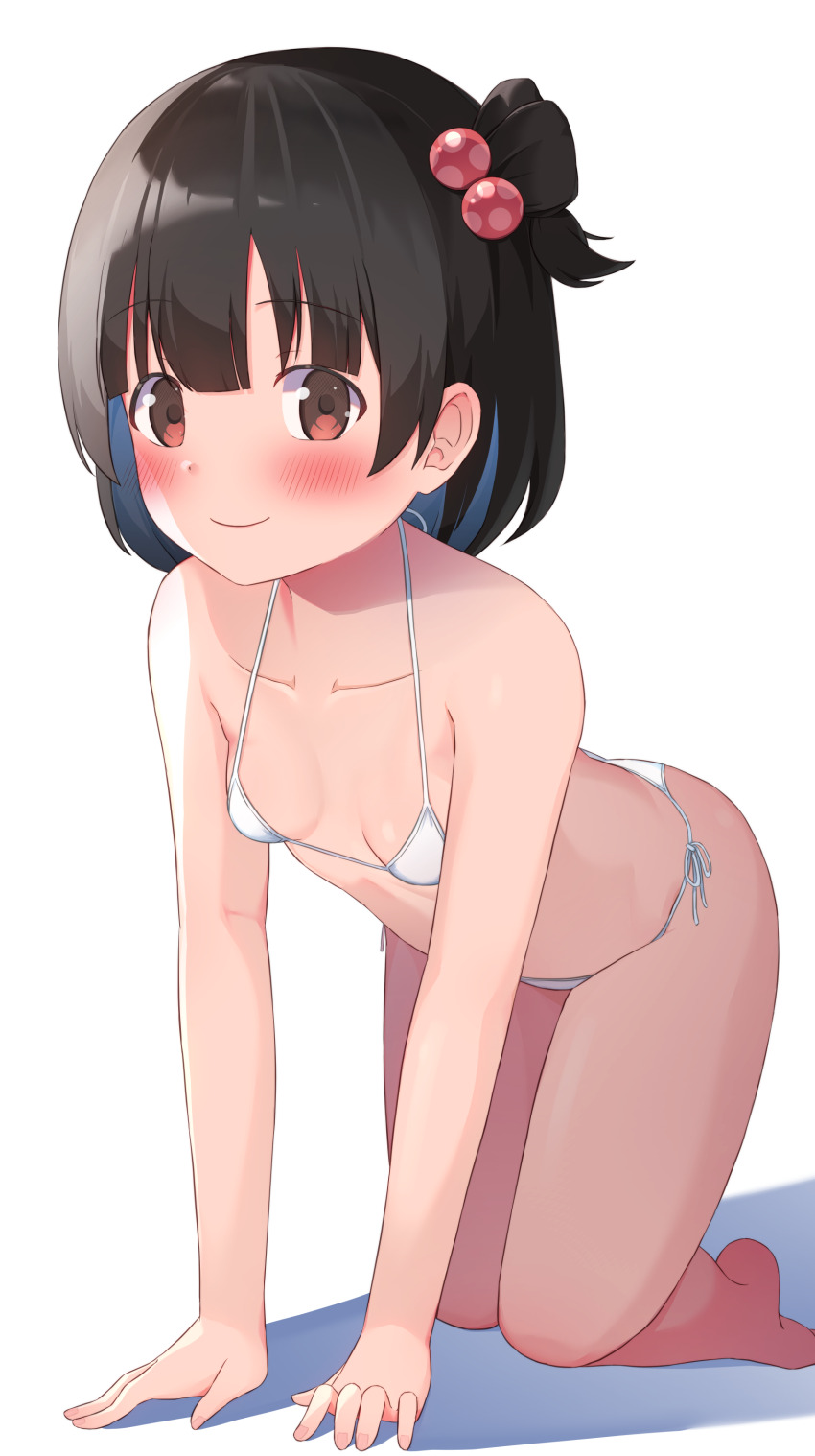 1girl absurdres all_fours bikini black_hair blush breasts highres idolmaster idolmaster_million_live! kuro_kinkan loli looking_at_viewer micro_bikini nakatani_iku shadow side-tie_bikini_bottom small_breasts solo swimsuit white_bikini
