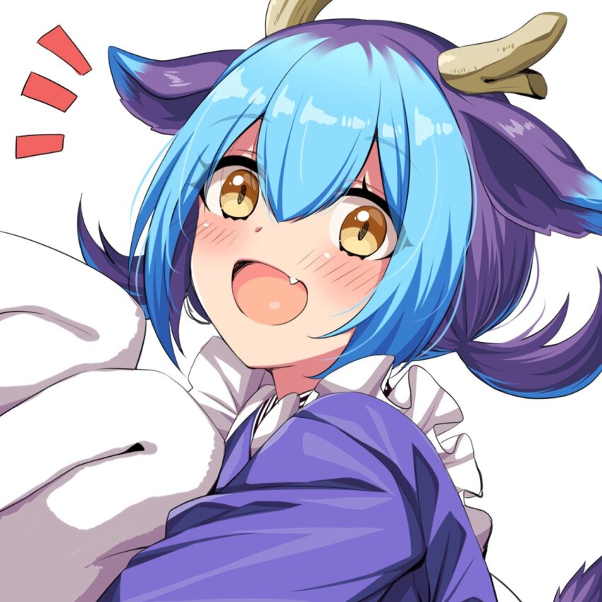 1girl apron bed_sheet blue_hair blush dragon_horns duel_monster fang frilled_apron frills hair_between_eyes highres horns horosuke_hrsk japanese_clothes laundry_dragonmaid looking_at_viewer maid maid_apron notice_lines short_twintails simple_background smile solo twintails wa_maid white_apron white_background yellow_eyes yu-gi-oh!