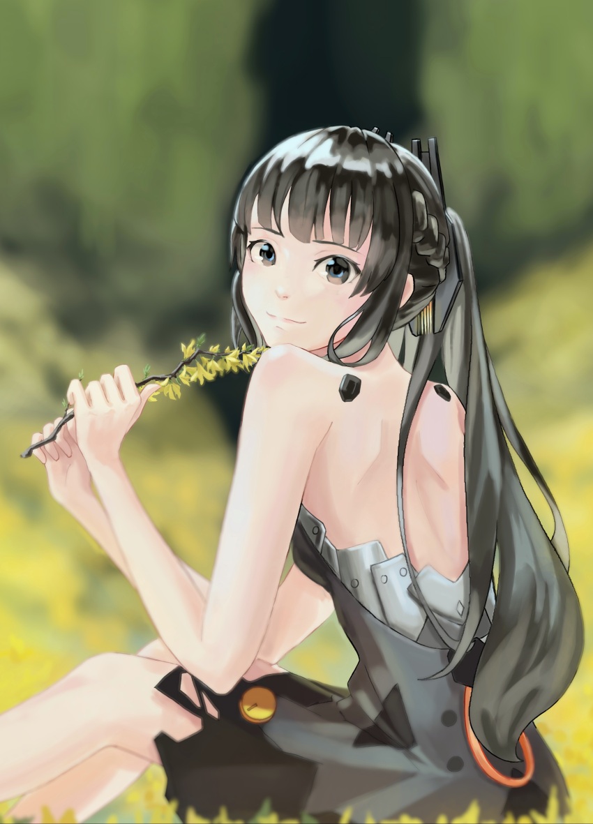 1girl absurdres backless_dress backless_outfit bare_arms bare_shoulders black_dress bob_cut braid branch closed_mouth dress french_braid grey_eyes grey_hair hair_ornament highres holding holding_branch long_hair looking_at_viewer looking_back mechabare nanami:_pulse_(pgr) nanami_(pgr) ponytail punishing:_gray_raven sleeveless sleeveless_dress smile solo trashpanda_11b