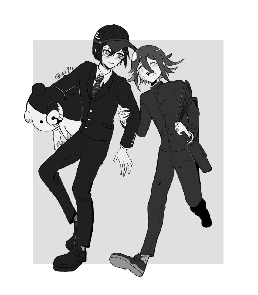 2boys ahoge bag bandaid bandaid_on_cheek bandaid_on_face blazer blush buttons cha_c170 collared_shirt danganronpa_(series) danganronpa_v3:_killing_harmony dynamic_pose full_body gakuran grey_background greyscale hair_between_eyes happy hat highres holding holding_another&#039;s_arm holding_stuffed_toy jacket male_focus monochrome monokuma multiple_boys necktie oma_kokichi open_mouth pants running saihara_shuichi school_bag school_uniform shirt short_hair smile standing striped_necktie stuffed_animal stuffed_toy teddy_bear twitter_username walking white_background yaoi