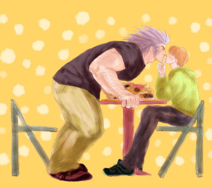 2boys arm_hair bara black_pants black_shirt blonde_hair blush bread chair couple eye_contact facial_hair food from_side full_body green_eyes green_hoodie hanba_guyokota hand_hair heart hood hoodie hunter_x_hunter indirect_kiss knuckle_hair leaning_forward looking_at_another male_focus medium_hair multiple_boys muscular muscular_male mutton_chops pants pastry profile shalnark shirt shoes short_hair simple_background sitting size_difference skinny sneakers spiked_hair sweatdrop table uvogin yaoi yellow_background