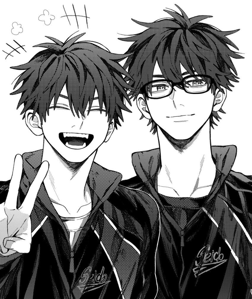 2boys ace_of_diamond collarbone commentary_request facing_viewer fangs glasses greyscale hair_between_eyes highres jacket looking_at_viewer male_focus miyuki_kazuya monochrome multiple_boys open_mouth rinnu02 sawamura_eijun screentones seidou_high_school_jacket simple_background smile teeth upper_body v white_background zipper_pull_tab