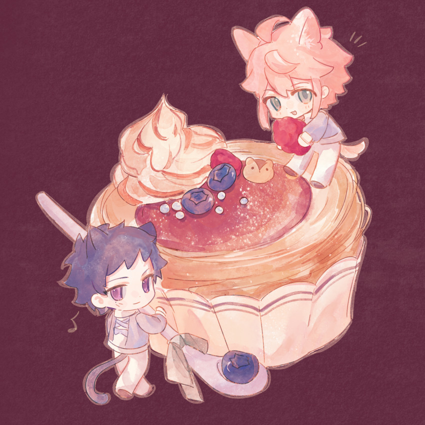 2boys berry blueberry chibi chibi_only chinese_commentary cupcake ensemble_stars! extra_ears food fruit fushimi_yuzuru highres himemiya_tori holding holding_spoon kemonomimi_mode kulalla long_sleeves male_focus matching_outfits mini_person miniboy multiple_boys outline pants raspberry red_background shoes spoon white_pants