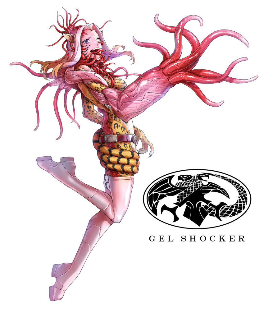 1girl animal_ears belt belt_buckle black_claws blonde_hair body_fur boots buckle claws colored_skin commentary cyborg eidenjyou1997 english_commentary extra_mouth facial_mark genderswap genderswap_(mtf) highres isogin_jaguar jaguar_ears jaguar_girl leopard_print jaguar_tail kamen_rider kamen_rider_(1st_series) logo monster_girl multicolored_hair open_mouth pink_boots pink_hair pink_skin purple_eyes red_belt sea_anemone sharp_teeth simple_background single_blank_eye solo spotted_fur striped_tail tail tail_around_own_leg tail_wrap teeth tentacle_arm tentacle_hair tentacles thigh_boots white_background yellow_fur