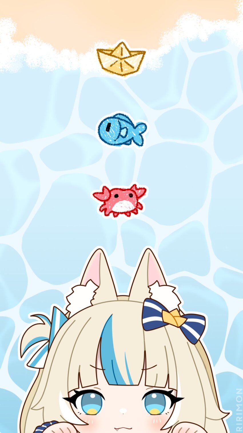 1girl animal_ear_fluff animal_ears blonde_hair blue_eyes blue_hair cat_ears crab fang fang_out fish highres indie_virtual_youtuber kaniki_(sameko_saba) looking_at_viewer multicolored_hair paper_boat ririimon sameko_saba sameko_saba_(fish) smile streaked_hair tail virtual_youtuber