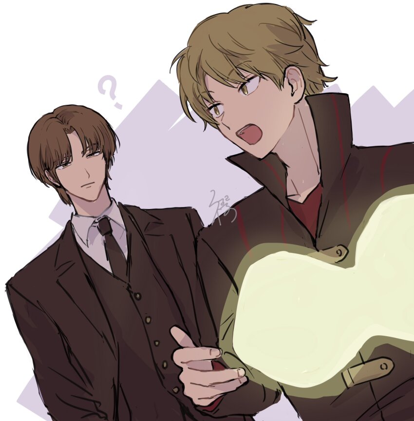 2boys black_jacket black_necktie black_vest brown_eyes brown_hair closed_mouth collared_jacket collared_shirt erinan hand_up highres izumi_kouhei jacket male_focus multiple_boys necktie ninomiya_masataka open_mouth raised_eyebrow red_shirt shirt short_hair upper_body vest white_background white_shirt world_trigger