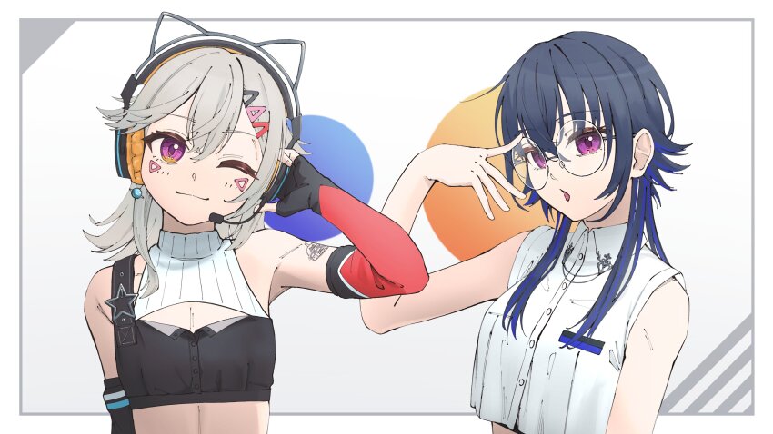2girls absurdres adjusting_eyewear animal_ear_headphones animal_ears asymmetrical_gloves bare_shoulders black_hair blue_hair cat_ear_headphones crop_top cropped_shirt double-parted_bangs earrings elbow_gloves facial_mark fake_animal_ears gloves grey_hair hair_between_eyes head_tilt headphones highres ichinose_uruha ichinose_uruha_(4th_costume) jewelry komori_met komori_met_(5th_costume) looking_at_viewer multicolored_hair multiple_girls one_eye_closed open_mouth partially_fingerless_gloves pink_eyes planet_earrings purple_eyes shirt single_earring sleeveless sleeveless_shirt smile streaked_hair upper_body ury virtual_youtuber vspo! white_shirt wolf_cut