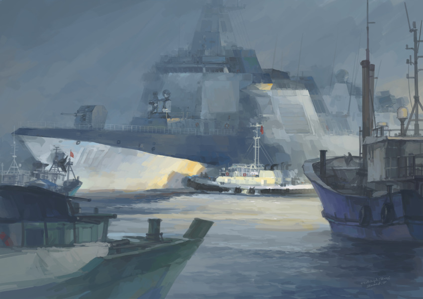 boat cannon chinese_commentary destroyer fog hallelujah_zeng impasto mast military_vehicle no_humans ocean original people&#039;s_liberation_army people&#039;s_liberation_army_navy ship tugboat vehicle_focus warship water watercraft