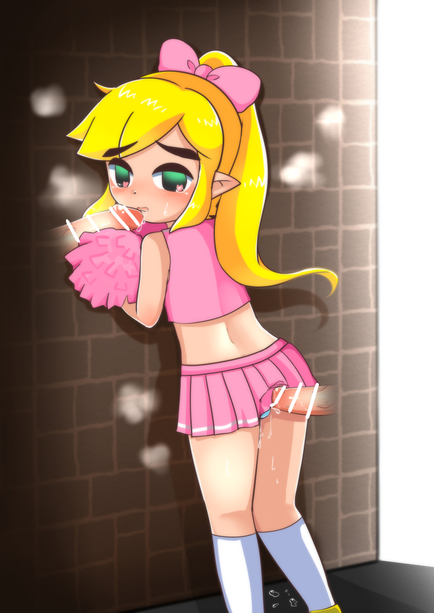 3boys absurdres against_wall alley bar_censor blonde_hair blush bow brick_wall censored cheerleader cheerleader_link crop_top crossdressing disembodied_penis erection green_eyes hair_bow heart heart-shaped_pupils highres holding holding_pom_poms imminent_anal imminent_fellatio imminent_penetration kneehighs link long_hair looking_at_viewer looking_back male_focus multiple_boys nintendo official_alternate_costume open_mouth papapaimon penis penis_under_another&#039;s_clothes pink_bow pink_skirt pleated_skirt pointy_ears pom_pom_(cheerleading) pom_poms ponytail precum sidelocks skirt sleeveless socks solo_focus standing sweat symbol-shaped_pupils tearing_up the_legend_of_zelda the_legend_of_zelda:_tri_force_heroes toon_link trap veins veiny_penis yaoi