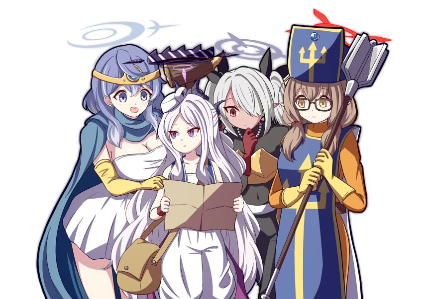 4girls ahoge ako_(blue_archive) alternate_costume bead_necklace beads blue_archive blue_cape blue_eyes blue_hair blue_vest bodystocking breasts brown_hair cape chinatsu_(blue_archive) circlet cleavage commentary_request cosplay dark-skinned_female dark_skin demon_horns demon_tail demon_wings dragon_quest dragon_quest_iii dress elbow_gloves glasses gloves grey_hair hair_between_eyes hair_over_one_eye hair_ribbon half_updo halo hat height_difference highres hina_(blue_archive) holding holding_mace holding_weapon horns iori_(blue_archive) jewelry large_breasts long_hair long_sleeves looking_at_another mace merchant_(dq3) merchant_(dq3)_(cosplay) mitre multiple_girls necklace pants parted_bangs parted_lips pointy_ears prefect_team_(blue_archive) priest_(dq3) priest_(dq3)_(cosplay) purple_eyes red_eyes red_gloves ribbon sage_(dq3) sage_(dq3)_(cosplay) sidelocks simple_background smile tail thief_(dq3) thief_(dq3)_(cosplay) twintails vest weapon white_background white_dress white_hair white_pants wings yellow_eyes yellow_gloves yukimi_unagi