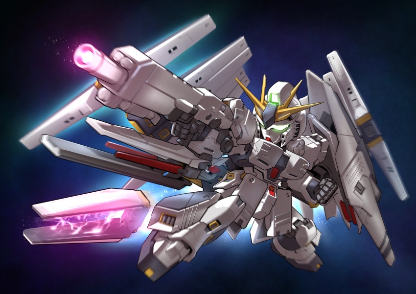 absurdres beam_rifle char&#039;s_counterattack chibi commentary_request dark_background electricity energy_gun exhaust fin_funnels fusion glowing glowing_eyes green_eyes gun gundam highres holding holding_gun holding_weapon light_particles mecha mobile_suit no_humans nu_gundam nu_gundam_(rx-93ff) nu_gundam_double_fin_funnel_type nu_gundam_hws robot science_fiction sd_gundam shield solo thrusters v-fin weapon zakuma