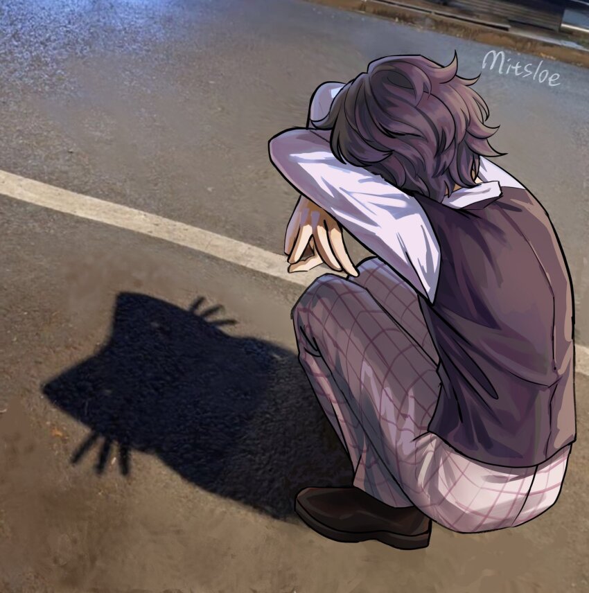1boy artist_name black_hair black_shoes black_vest cat_shadow_puppet_(meme) commentary daan_(fear_&amp;_hunger) fear_&amp;_hunger_(series) fear_&amp;_hunger_2:_termina full_body grey_pants highres long_sleeves male_focus meme pants photo_background road sakimitsloe shadow shirt shoes solo squatting vest white_shirt