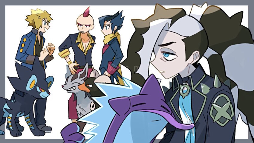 4boys belt black_hair black_jacket blonde_hair blue_eyes blue_shirt border eyeshadow gen_2_pokemon gen_3_pokemon gen_4_pokemon gen_8_pokemon grey_border grimsley_(pokemon) hand_on_own_hip highres horns houndoom jacket looking_at_another luxray makeup male_focus mightyena multicolored_hair multiple_boys nintendo official_alternate_costume outside_border pendant_choker piers_(pokemon) piers_(sygna_suit)_(pokemon) pokemon pokemon_bw pokemon_dppt pokemon_masters_ex pokemon_oras red_hair scarf shirt sidney_(pokemon) tongue tongue_out toxtricity toxtricity_(low_key) volkner_(pokemon) yellow_scarf yunme