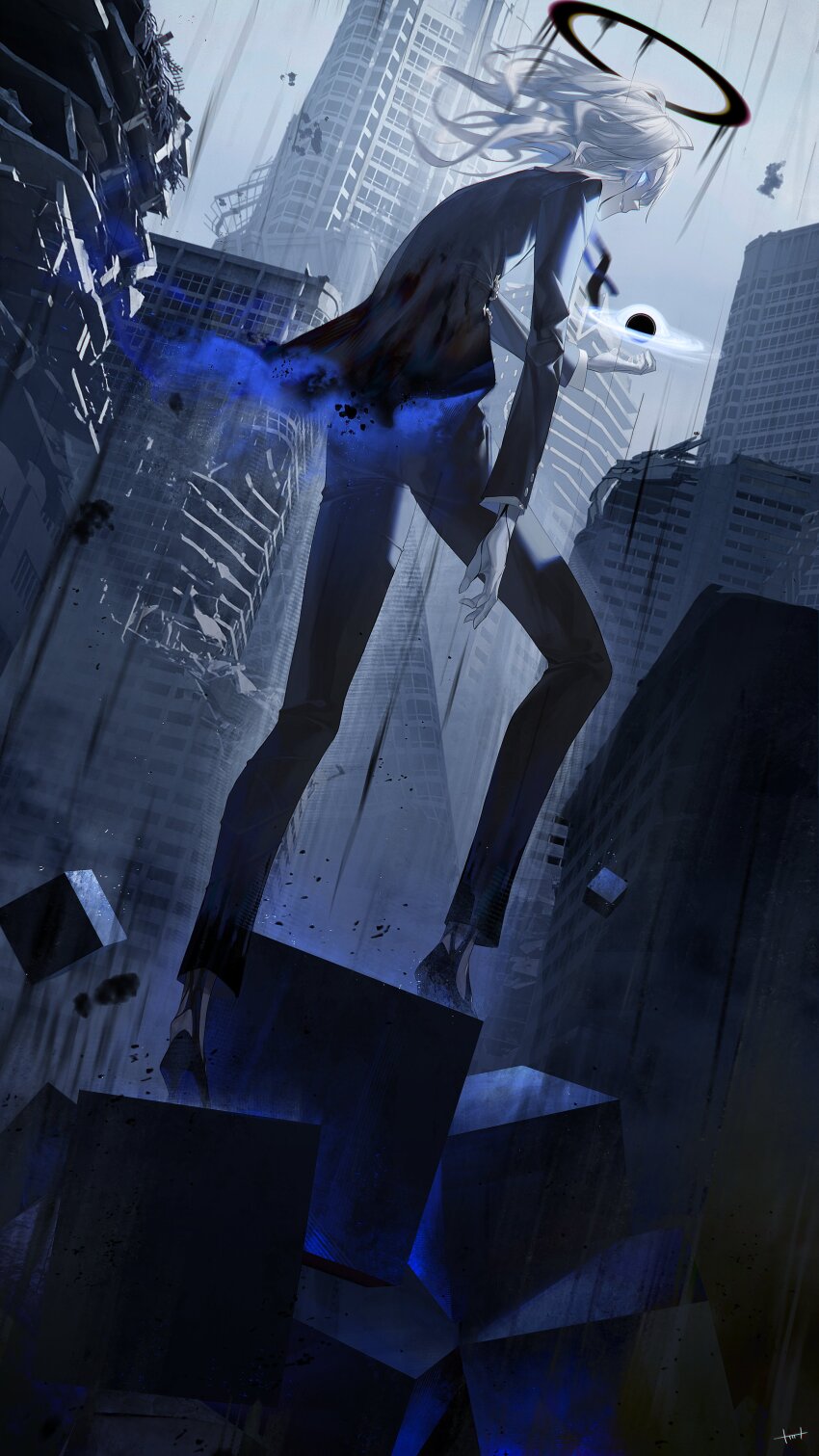 1boy absurdres aura black_footwear black_halo black_jacket black_pants blood building city debris from_below glowing glowing_eyes halo highres jacket long_hair magic original outdoors pale_skin pants rubble scenery skyscraper solo solo_focus standing tmt white_hair
