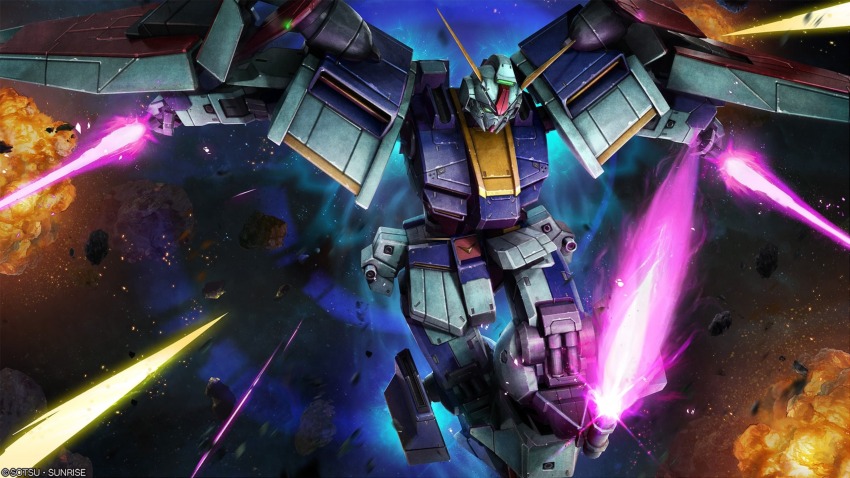 absurdres artist_request asteroid battle company_name copyright_notice debris energy energy_beam energy_blade energy_field energy_sword explosion glowing gundam gundam_battle_operation_2 gundam_g-first gundam_uc_0096:_last_sun highres machinery mecha mecha_focus mobile_suit no_humans official_art realistic robot science_fiction solo space sunrise_(company) sword v-fin weapon