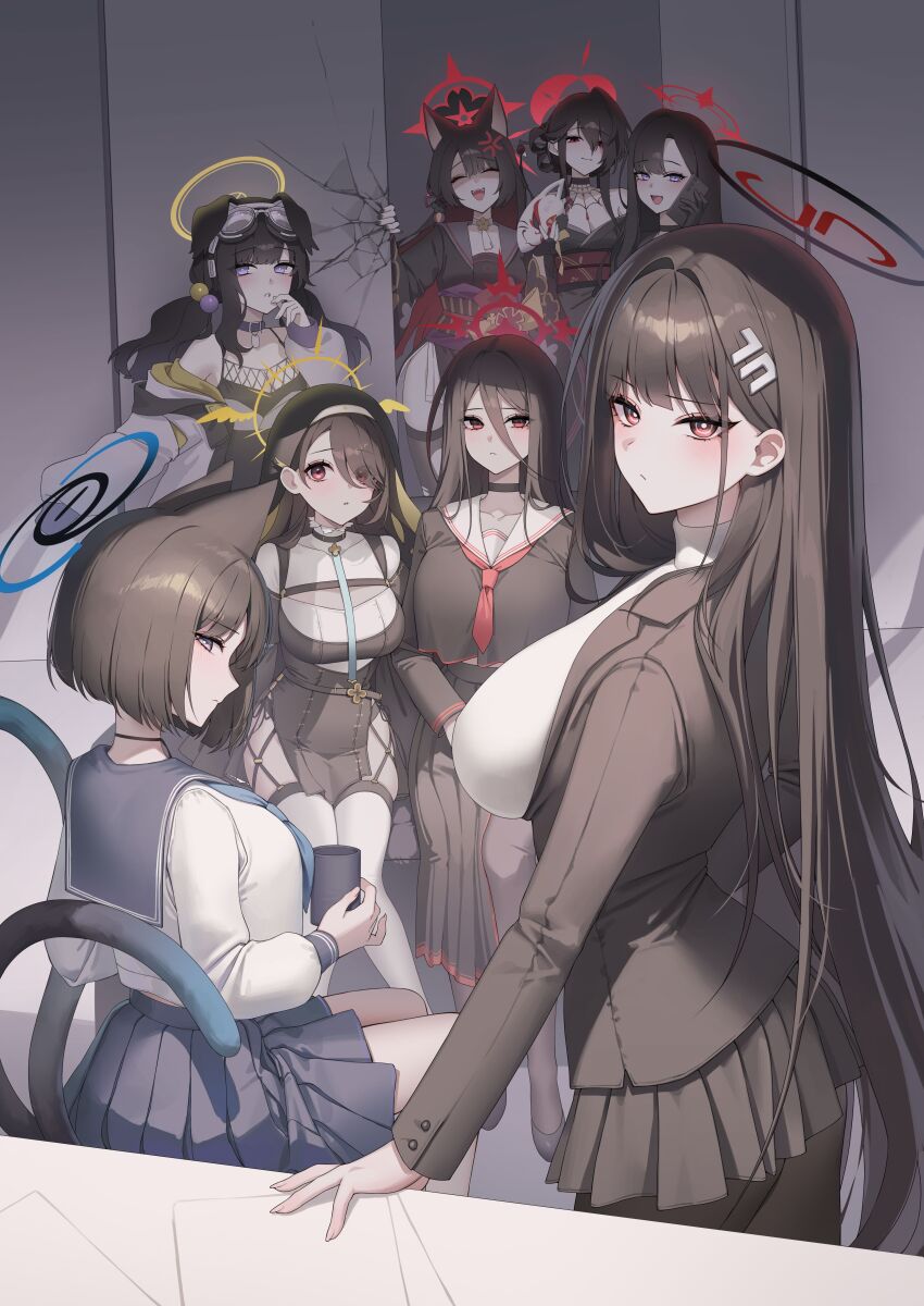6+girls absurdres animal_ears arm_support bare_shoulders black_choker black_gloves black_hair black_kimono black_serafuku blue_archive blue_eyes blue_halo blue_neckerchief blue_sailor_collar blue_skirt breasts cat_ears cat_tail choker closed_eyes closed_mouth commentary_request crack cracked_wall cup dog_ears dog_girl fang formal_clothes fox_ears fox_girl fox_mask frills gloves goggles goggles_on_head habit hair_between_eyes hair_bun hair_intakes hair_ornament hair_over_one_eye hair_stick hairclip halo hasumi_(blue_archive) hibiki_(blue_archive) highres hinata_(blue_archive) holding holding_cup holding_mask holding_phone ichika_(blue_archive) japanese_clothes kikyou_(blue_archive) kimono kokuriko_(blue_archive) korean_commentary large_breasts long_hair long_skirt looking_at_viewer looking_to_the_side mask miniskirt multiple_girls multiple_tails nail_polish neck_ribbon neckerchief nun off_shoulder open_mouth pantyhose paper parted_bangs pelvic_curtain phone pleated_skirt pom_pom_(cheerleading) purple_eyes raki_kr red_eyes red_halo ribbon ribbon_choker rio_(blue_archive) sailor_collar sash school_uniform serafuku short_hair sitting skirt smile suit table tail thighhighs trait_connection two_tails veil wakamo_(blue_archive) winged_halo yellow_halo