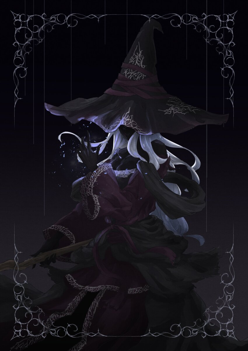 1girl absurdres bare_shoulders black_dress black_skin border breasts cleavage colored_skin cowboy_shot dress elden_ring elden_ring_nightreign hat hat_over_eyes highres large_breasts large_hat long_hair magic ornate_border recluse_(elden_ring) solo tesi_(tttesi) white_hair witch_hat wooden_staff