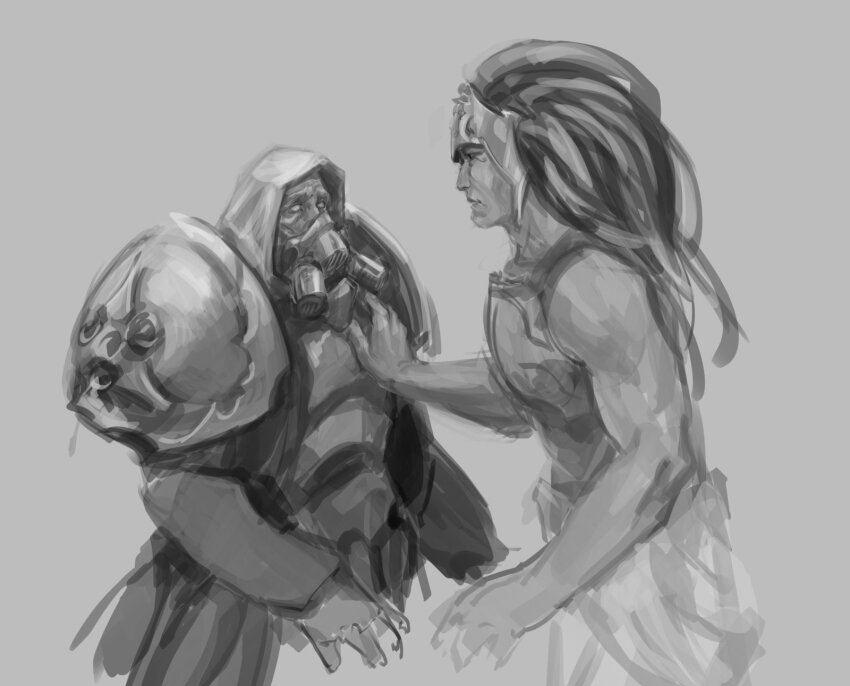 2boys ancient_egyptian_hat armor breastplate commentary couter death_guard demon_primarch english_commentary eye_contact forehead_protector from_side gas_mask gauntlets greyscale hand_on_another&#039;s_chest highres hood long_hair looking_at_another magnus_the_red male_focus mammona mask monochrome mortarion multiple_boys muscular muscular_male nurgle_(symbol) ornate_armor pauldrons pelvic_curtain power_armor primarch profile rerebrace respirator shoulder_armor sketch thousand_sons warhammer_40k white_eyes wrinkled_skin