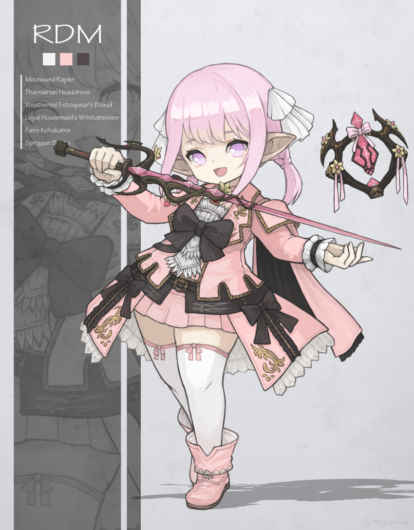 1girl absurdres ascot black_ribbon boots cape english_text final_fantasy final_fantasy_xiv flat_chest full_body highres holding holding_weapon jacket lalafell long_bangs multiple_views open_mouth pink_boots pink_cape pink_hair pink_jacket pointy_ears puluie rapier red_mage_(final_fantasy) ribbon scrunchie simple_background smile sword thighhighs twintails warrior_of_light_(ff14) weapon white_ascot white_thighhighs wrist_scrunchie
