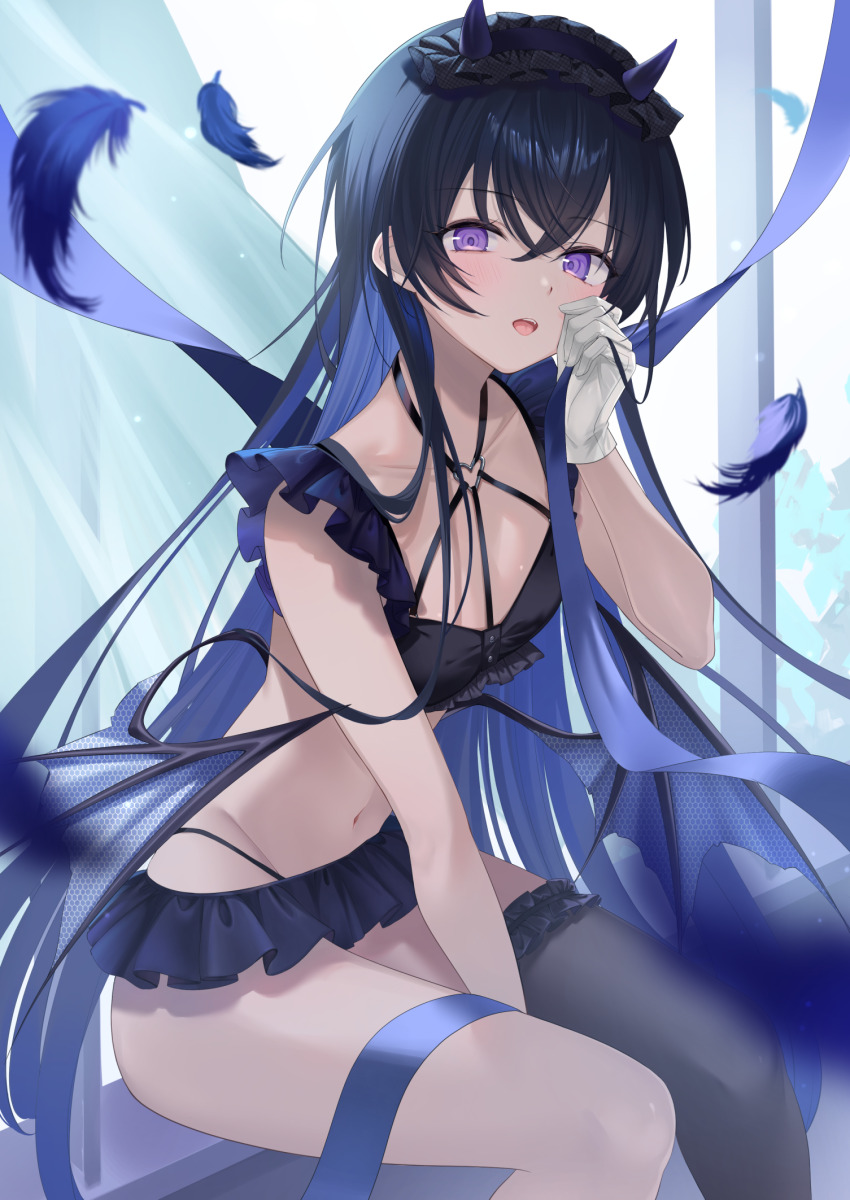 1girl alternate_costume between_legs black_hair black_hairband black_thighhighs blue_hair bra chest_harness colored_inner_hair commentary crossed_bangs demon_horns demon_wings falling_feathers feathers flat_chest frilled_bra frilled_thigh_strap frills gloves hair_between_eyes hairband hand_between_legs hand_up harness heart heart_o-ring highres holding holding_ribbon horns ichinose_uruha ichinose_uruha_(birthday_2023) indoors lingerie long_hair looking_at_viewer multi-strapped_panties multicolored_hair navel o-ring o-ring_harness open_mouth panties purple_eyes ribbon shinomiya_ino sidelocks single_thighhigh sitting solo teeth thigh_strap thighhighs underwear upper_teeth_only very_long_hair virtual_youtuber vspo! white_gloves window wings