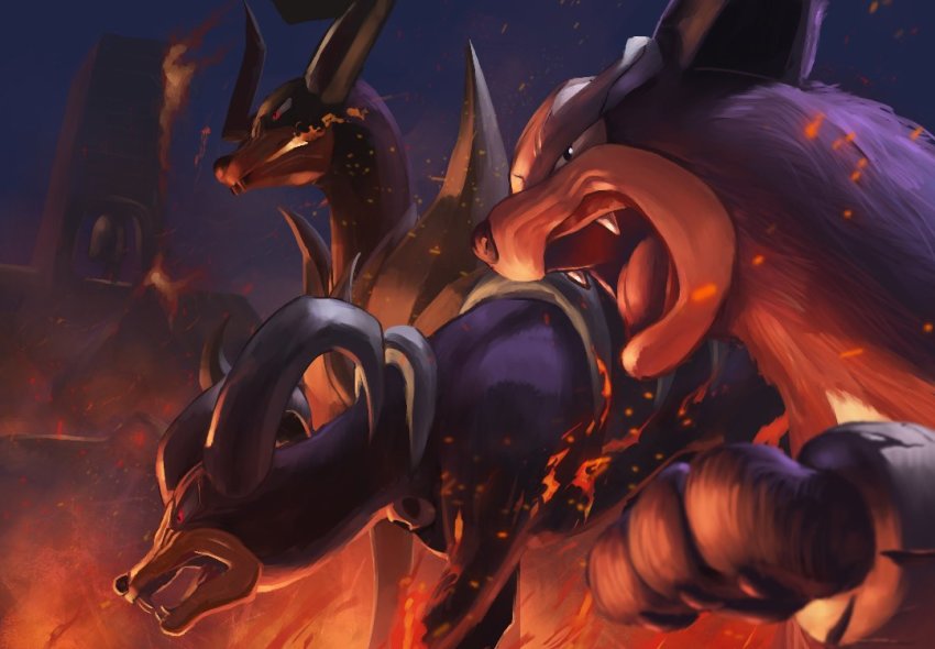 angry breath_weapon breathing_fire building commentary evolutionary_line fangs fire fur gen_2_pokemon houndoom mega_houndoom mega_pokemon nintendo no_humans open_mouth outdoors pokemon pokemon_(creature) red_eyes spareribs symbol-only_commentary tongue