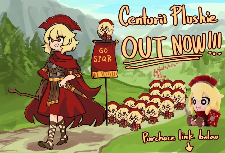 1girl absurdres ad armor blonde_hair bright_pupils cape centurii-chan centurii-chan_(character) character_doll doll english_text gladiator_sandals highres holding holding_hands holding_shield holding_stick marching original plume red_cape red_eyes roman_armor sandals sheath sheathed shield short_hair sky standard_bearer stick stuffed_toy sword tree weapon white_pupils