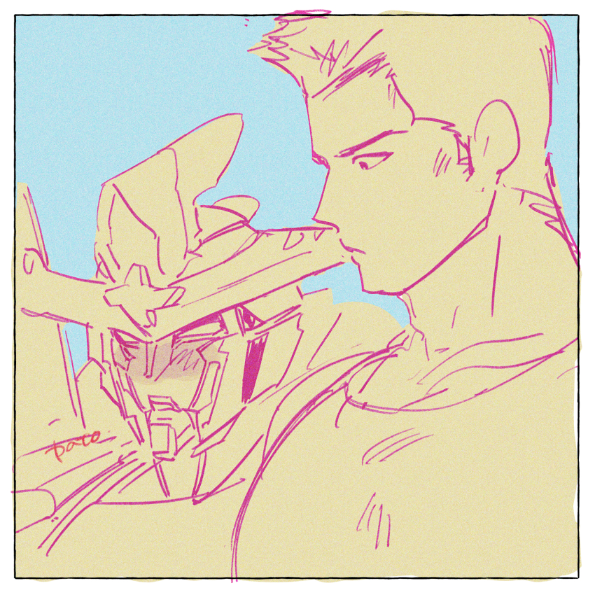 2boys ao_isami bara blush bravern couple facial_hair from_side girl_staring_at_guy&#039;s_chest_(meme) highres ice_nomu large_pectorals looking_at_another looking_at_pectorals looking_down male_focus medium_sideburns meme multiple_boys multiple_monochrome muscular muscular_male pectorals sideburns_stubble stubble thick_eyebrows unfinished upper_body yaoi yuuki_bakuhatsu_bang_bravern