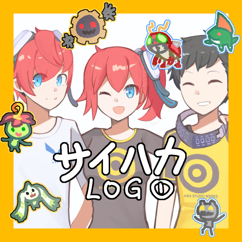 aiba_ami aiba_takumi amasawa_keisuke betamon blue_eyes digimon digimon_story:_cyber_sleuth digimon_story:_cyber_sleuth_hacker&#039;s_memory goggles goggles_on_head gottsumon hagurumon long_hair palmon red_hair short_hair sidetail tentomon terriermon