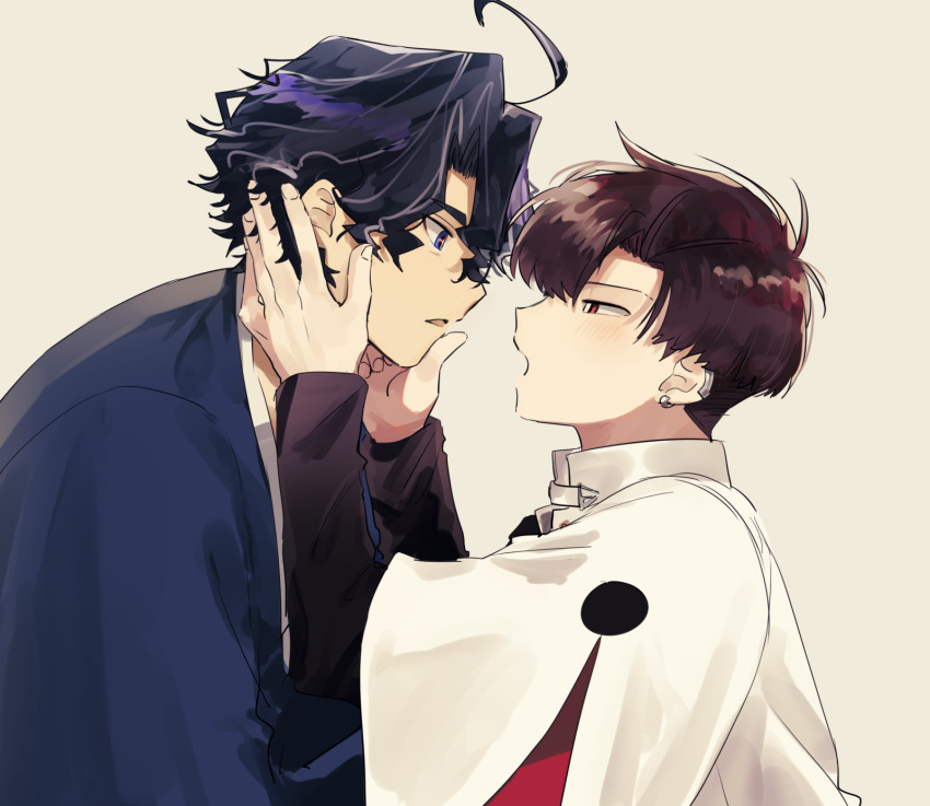 2boys ahoge black_hair black_shirt blue_eyes blue_haori blush coat commentary_request earclip earrings eye_contact fate/grand_order fate_(series) grey_hair hair_between_eyes hands_on_another&#039;s_cheeks hands_on_another&#039;s_face hands_up haori highres japanese_clothes jewelry layered_sleeves long_sleeves looking_at_another male_focus multicolored_hair multiple_boys open_mouth parted_bangs profile red_eyes red_hair shirt short_hair short_over_long_sleeves short_sleeves simple_background streaked_hair takasugi_shinsaku_(fate) takasugi_shinsaku_(first_ascension)_(fate) white_background white_coat wide_sleeves yaoi yoshida_shouin_(fate) yuu_(areruya)